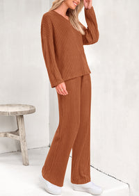 PRETTYGARDEN Women's 2 Piece Lounge Sets Ribbed Knit Long Sleeve V Neck Pullover Tops Wide Leg Pants Spring Fall Outfits