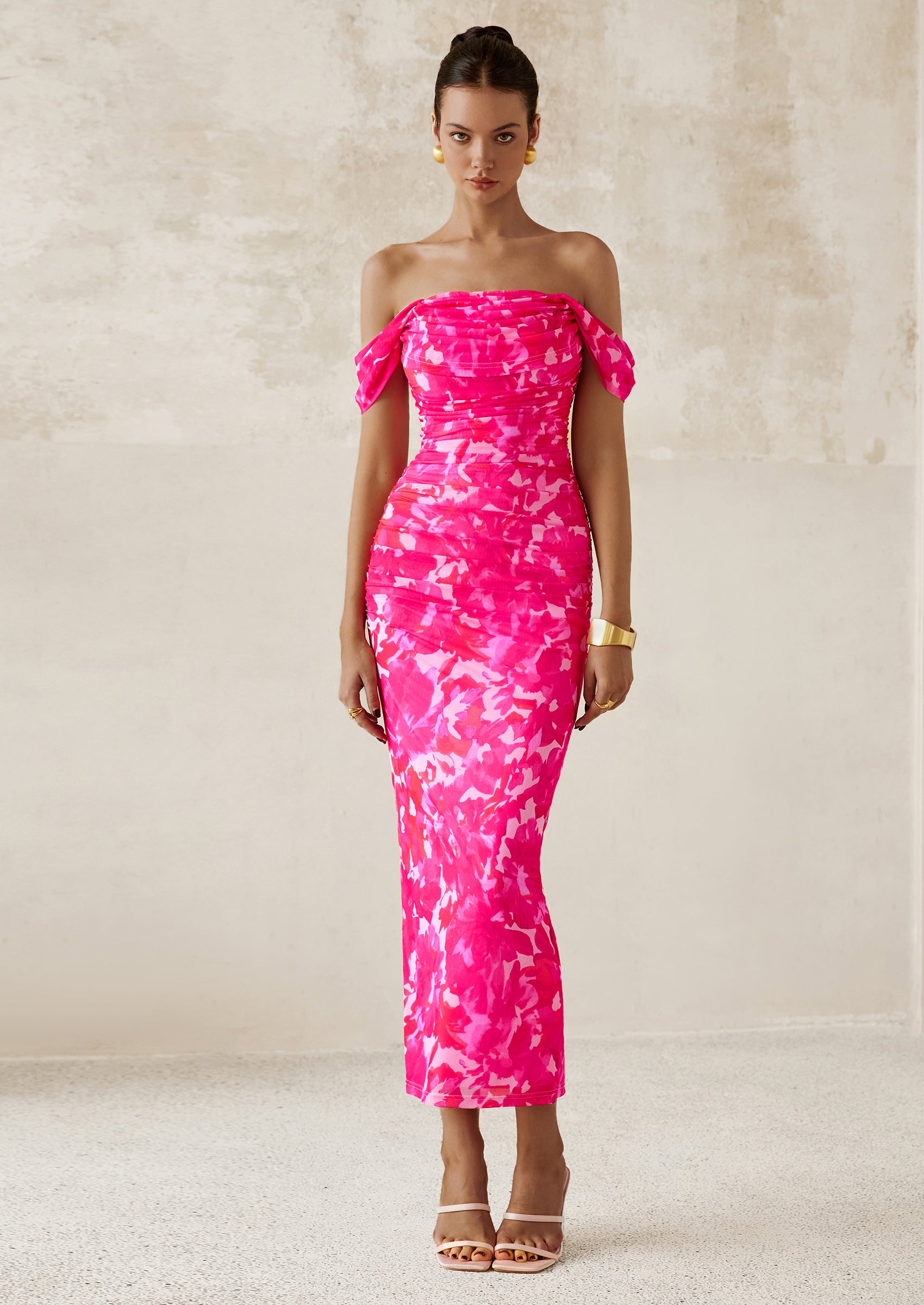 PRETTYGARDEN Maxi Dresses for Women Summer Elegant Floral Off Shoulder Ruched Mesh Cocktail Wedding Guest Dress