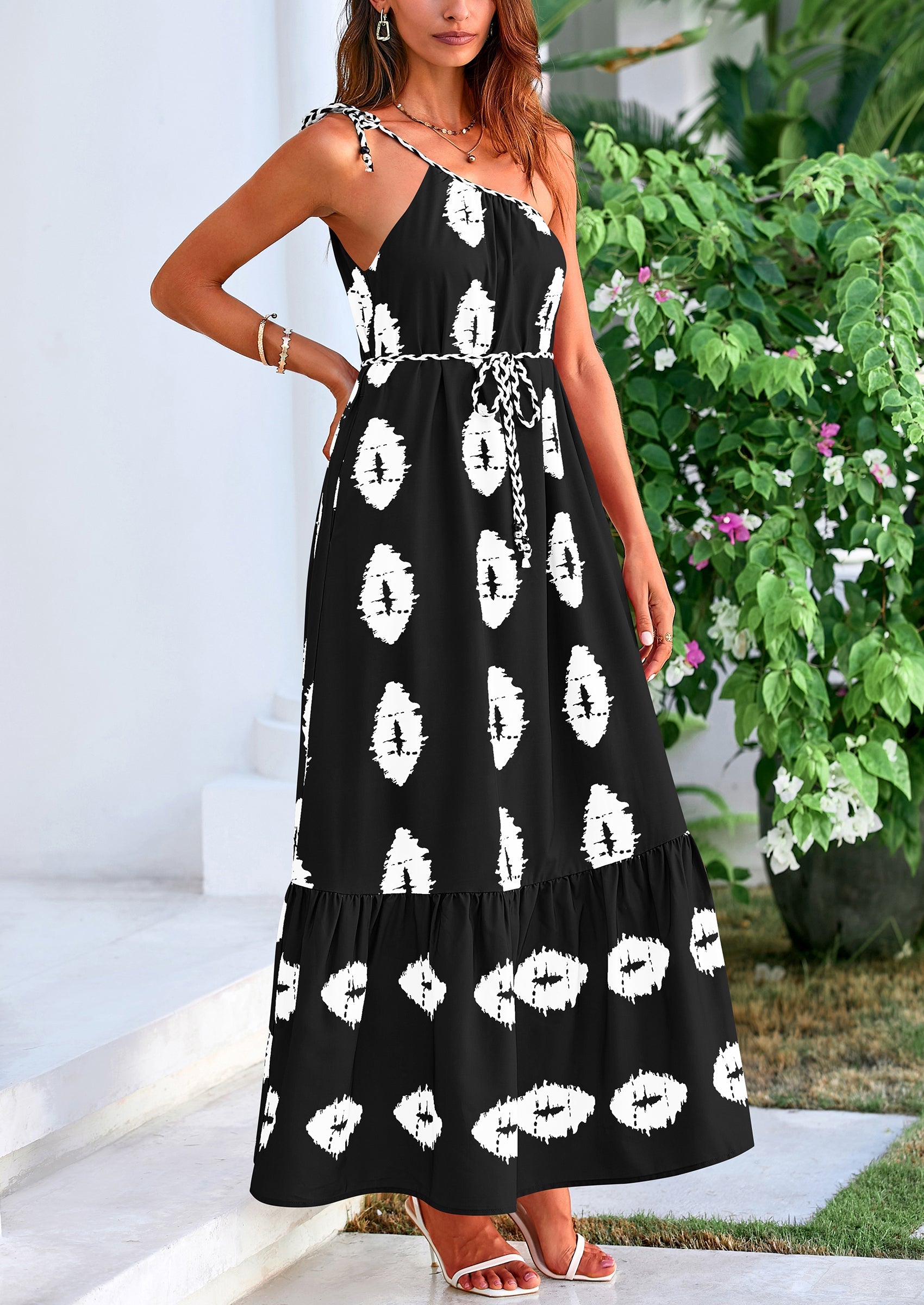 PRETTYGARDEN Women's Summer Maxi Dresses One Shoulder Printed Flowy Bo
