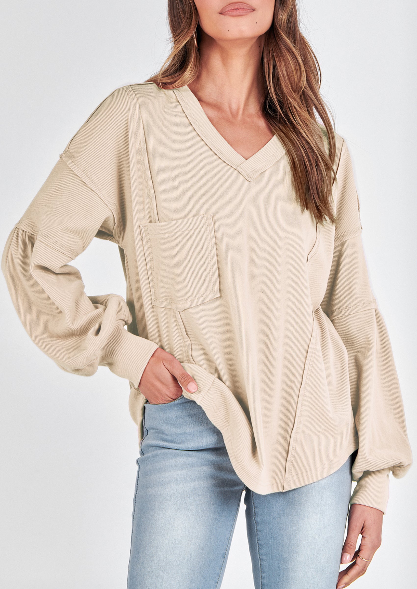 BTFBM Women's Ribbed Long Sleeve Tops Summer Spring Pullover Knit Casual V Neck Blouses Trendy Loose Fit Tunic Top