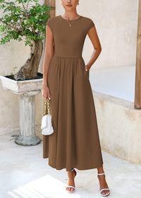 PRETTYGARDEN Women's Casual Long Dresses Cap Sleeve Patchwork A Line Flowy Modest Elegant Homecoming Maxi Dress