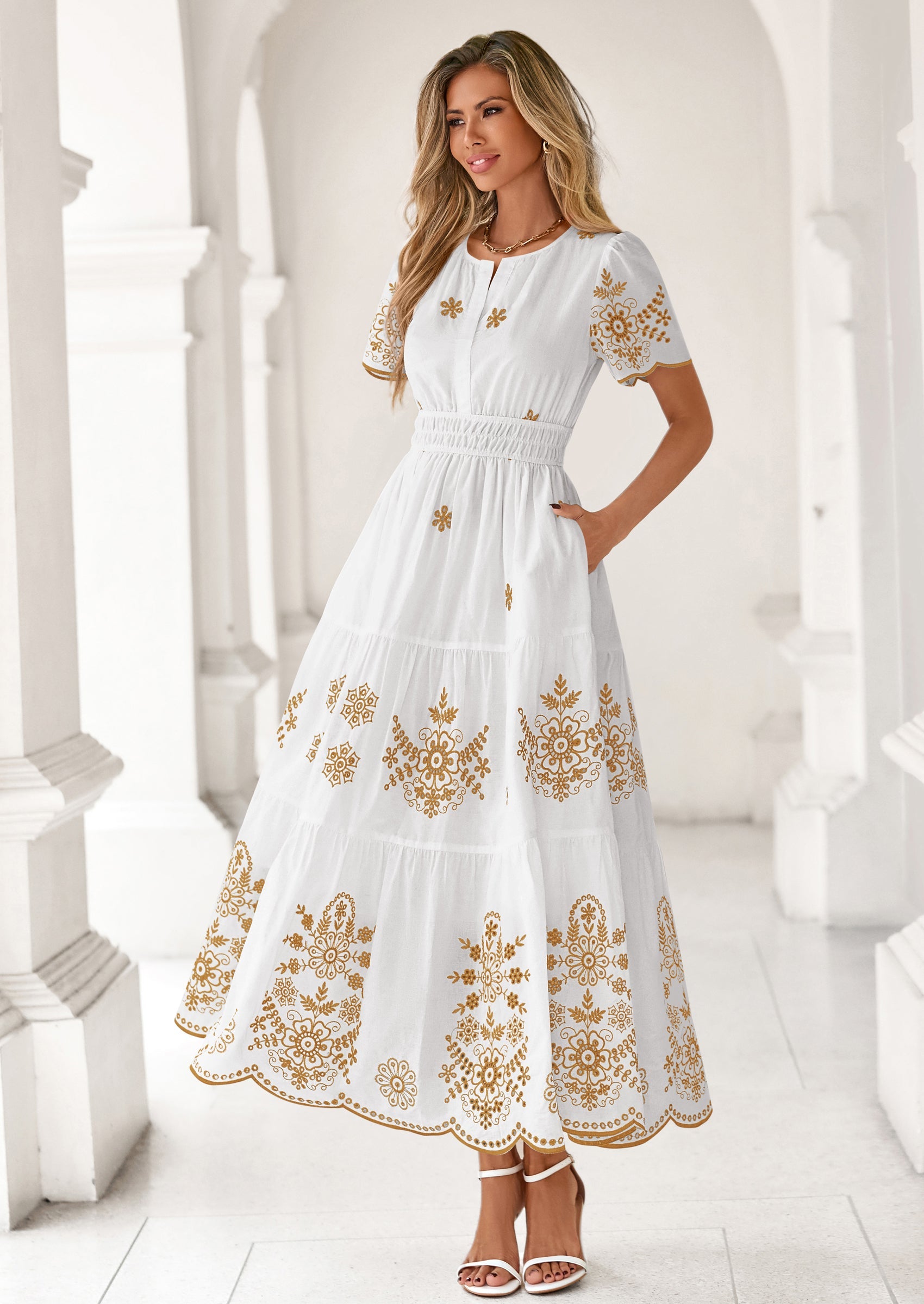 PRETTYGARDEN Boho Dresses for Women Summer Spring Casual Floral Short Sleeve V Neck Maxi Elastic Waist Dress Pockets PRETTYGARDEN