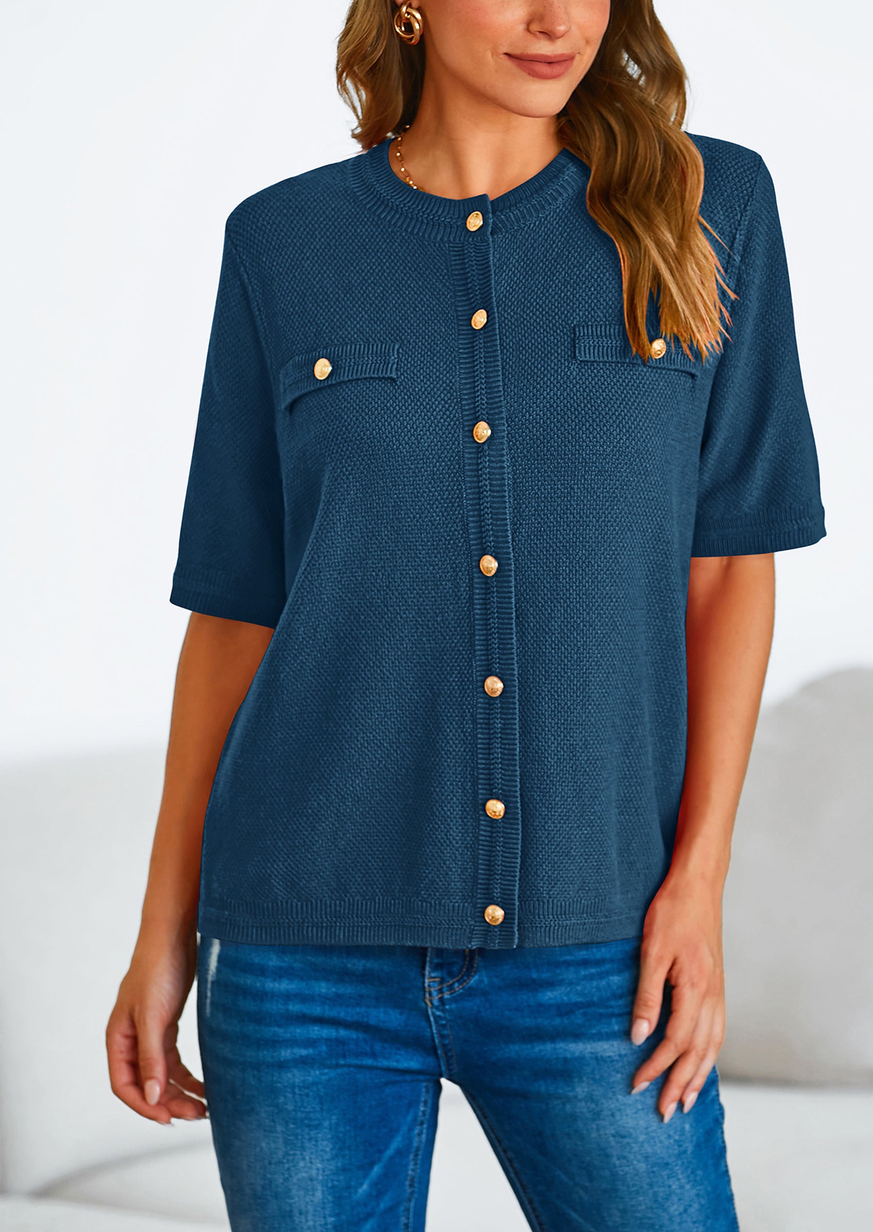 PRETTYGARDEN Women's Summer Button Down Shirts Casual Short Sleeve Crew Neck Ribbed Knit Blouse Top Cardigans