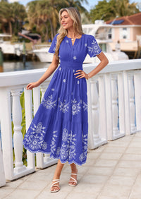 PRETTYGARDEN Boho Dresses for Women Summer Spring Casual Floral Short Sleeve V Neck Maxi Elastic Waist Dress Pockets