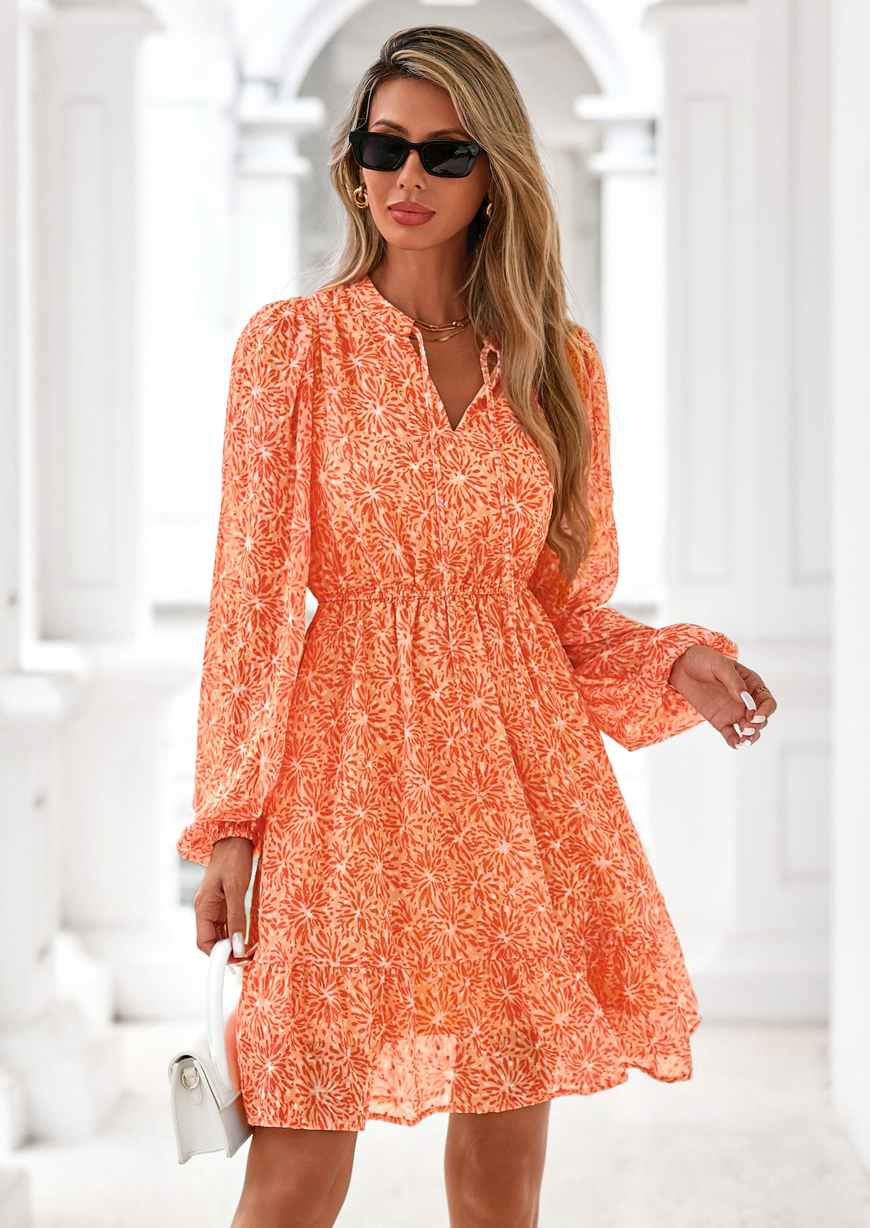 PRETTYGARDEN Women's Fall Boho Dresses Floral Long Sleeve V Neck Mini Flowy Wedding Guest Dress Trendy Vacation Outfits