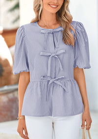 PRETTYGARDEN Women's Tie Front Striped Shirt Summer Trendy Fashion Cute Babydoll Tops Peplum Puffy Sleeve Blouse