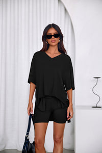 PRETTYGARDEN 2 Piece Sets for Women Summer Lounge Short Set Spring Matching Biker Shorts V Neck Oversized Shirt Clothing PRETTYGARDEN