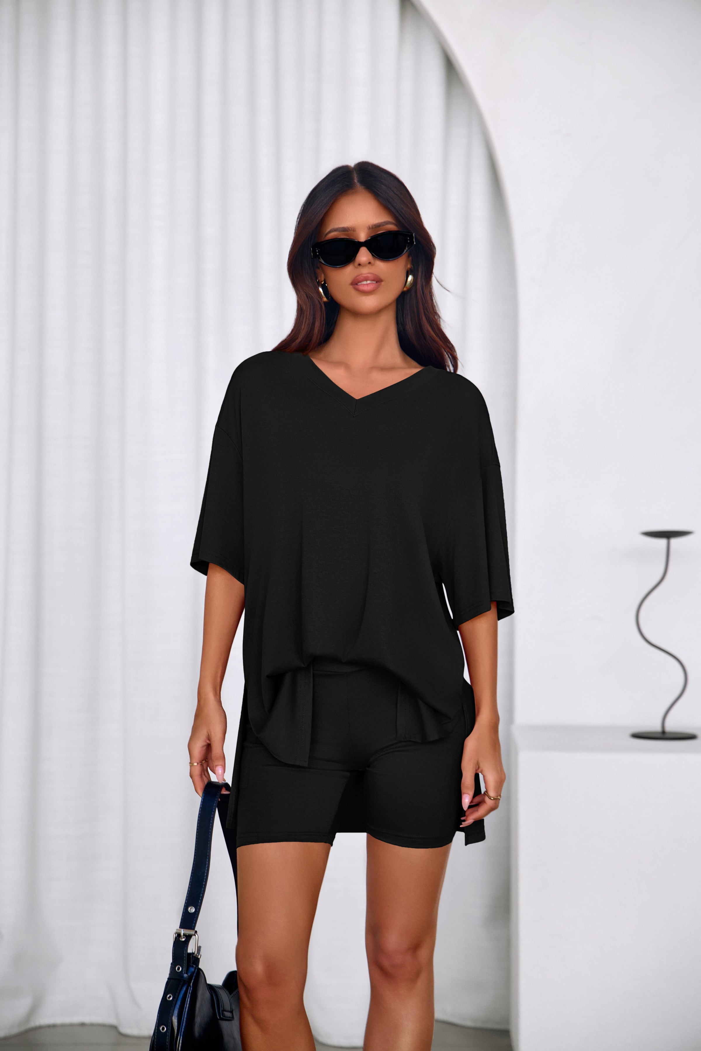 PRETTYGARDEN 2 Piece Sets for Women Summer Lounge Short Set Spring Matching Biker Shorts V Neck Oversized Shirt Clothing PRETTYGARDEN