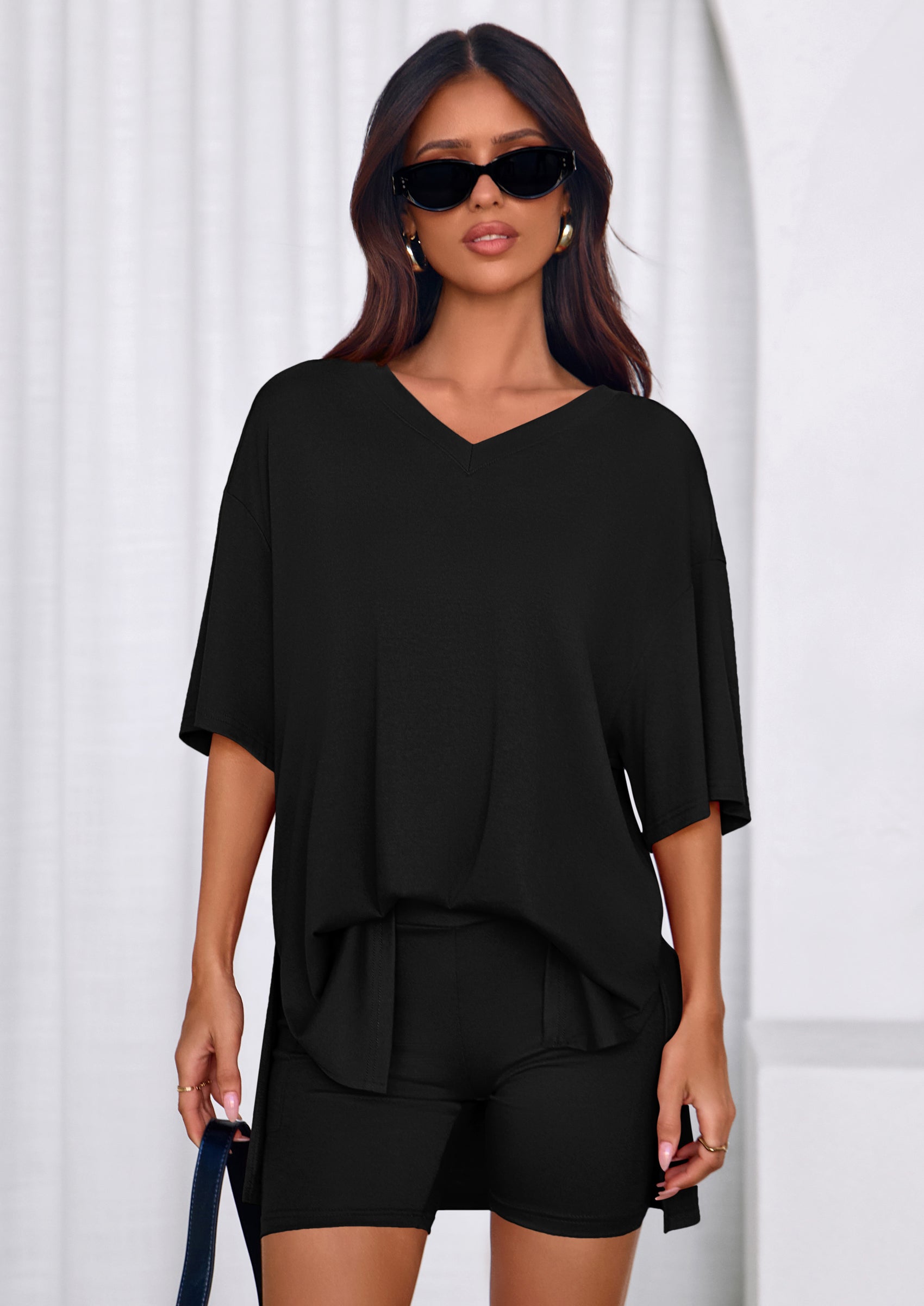 PRETTYGARDEN 2 Piece Sets for Women Summer Lounge Short Set Spring Matching Biker Shorts V Neck Oversized Shirt Clothing PRETTYGARDEN