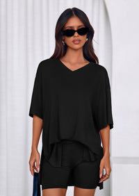 PRETTYGARDEN 2 Piece Sets for Women Summer Lounge Short Set Spring Matching Biker Shorts V Neck Oversized Shirt Clothing PRETTYGARDEN