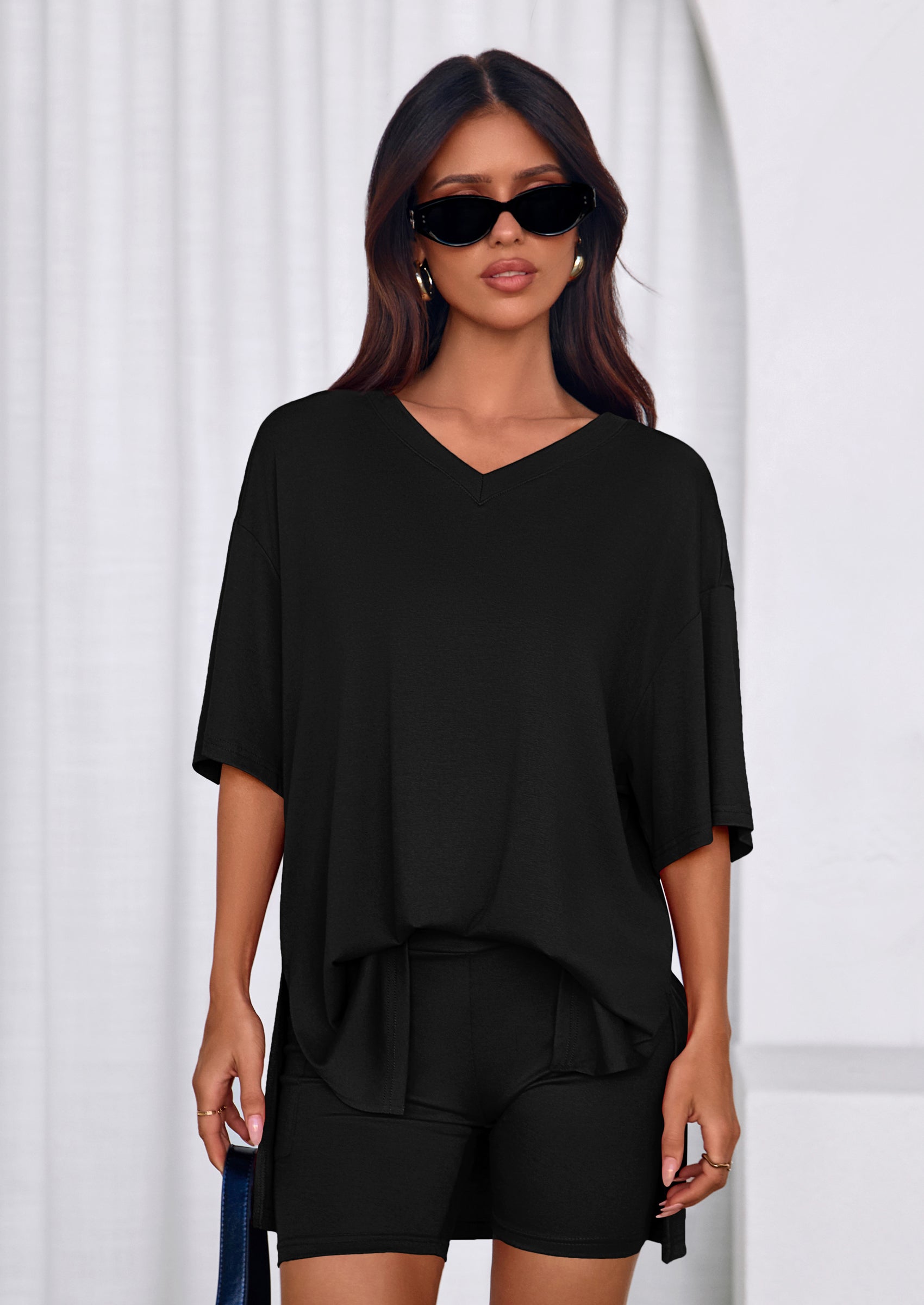 PRETTYGARDEN 2 Piece Sets for Women Summer Lounge Short Set Spring Matching Biker Shorts V Neck Oversized Shirt Clothing PRETTYGARDEN