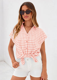 PRETTYGARDEN Womens Button Dwon Shirts V Neck Short Cap Sleeve Collared Plaid Tops Summer Spring Casual Blouses Clothes PRETTYGARDEN