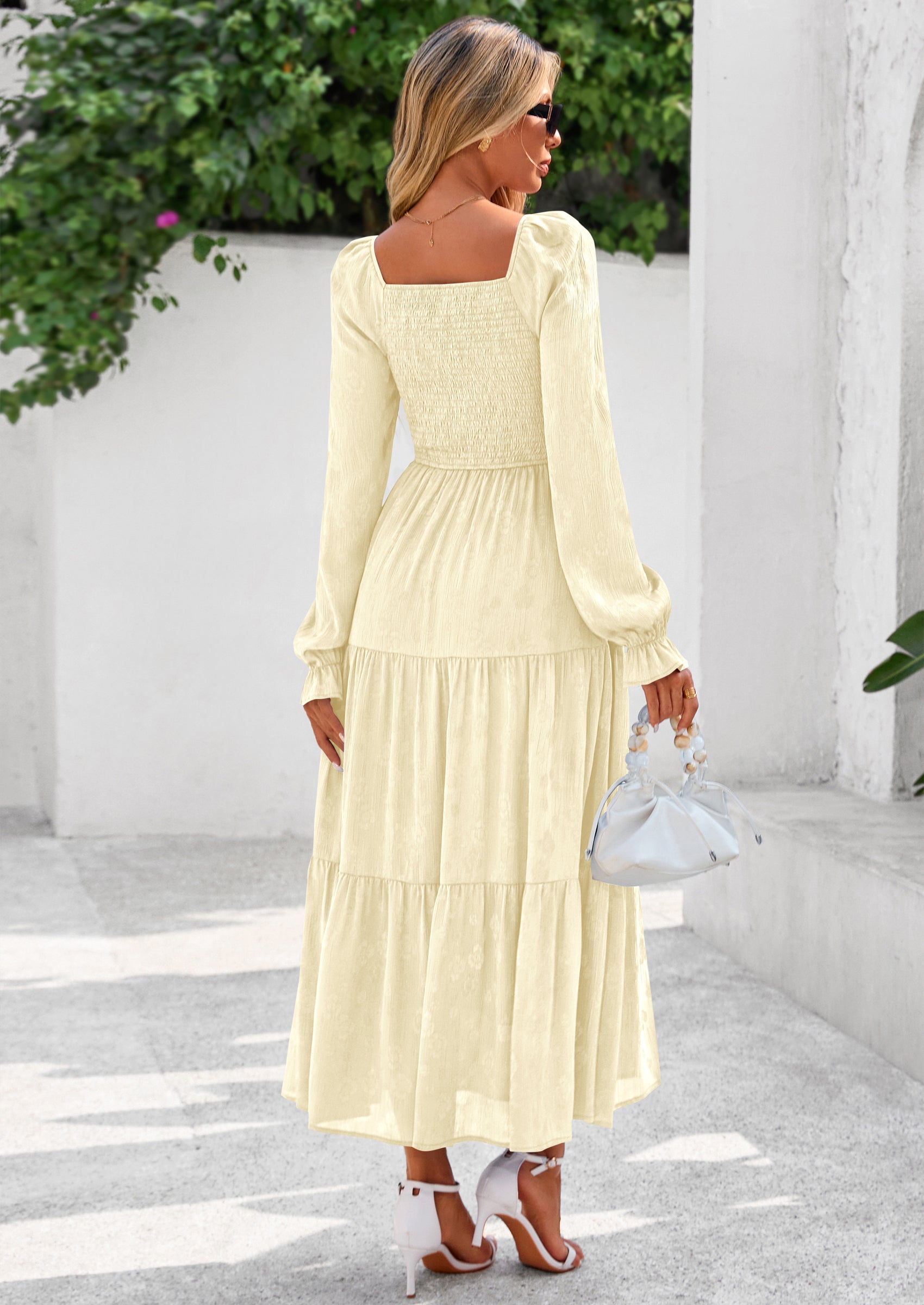 PRETTYGARDEN Fall Wedding Guest Dresses for Women Floral Long Sleeve Smocked Tiered Elegant Long Flowy Boho Dress