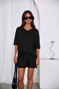 PRETTYGARDEN 2 Piece Sets for Women Summer Lounge Short Set Spring Matching Biker Shorts V Neck Oversized Shirt Clothing PRETTYGARDEN