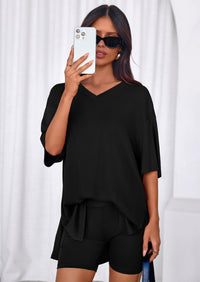 PRETTYGARDEN 2 Piece Sets for Women Summer Lounge Short Set Spring Matching Biker Shorts V Neck Oversized Shirt Clothing PRETTYGARDEN