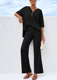 PRETTYGARDEN Women's 2 Piece Outfits Summer Casual V Neck Short Sleeve Tops Wide Leg Pants Matching Lounge Sets