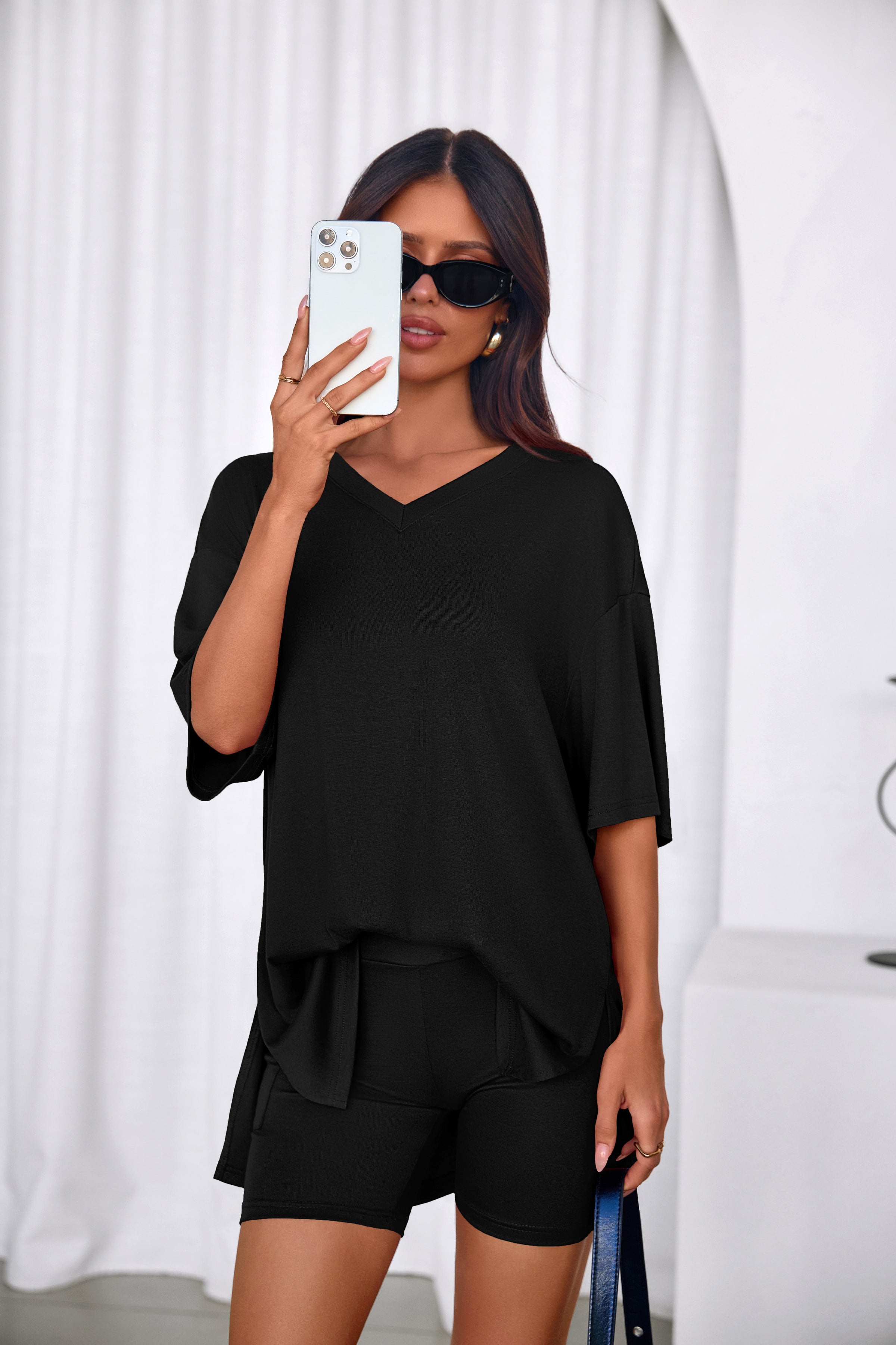 PRETTYGARDEN 2 Piece Sets for Women Summer Lounge Short Set Spring Matching Biker Shorts V Neck Oversized Shirt Clothing PRETTYGARDEN