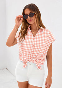PRETTYGARDEN Womens Button Dwon Shirts V Neck Short Cap Sleeve Collared Plaid Tops Summer Spring Casual Blouses Clothes PRETTYGARDEN
