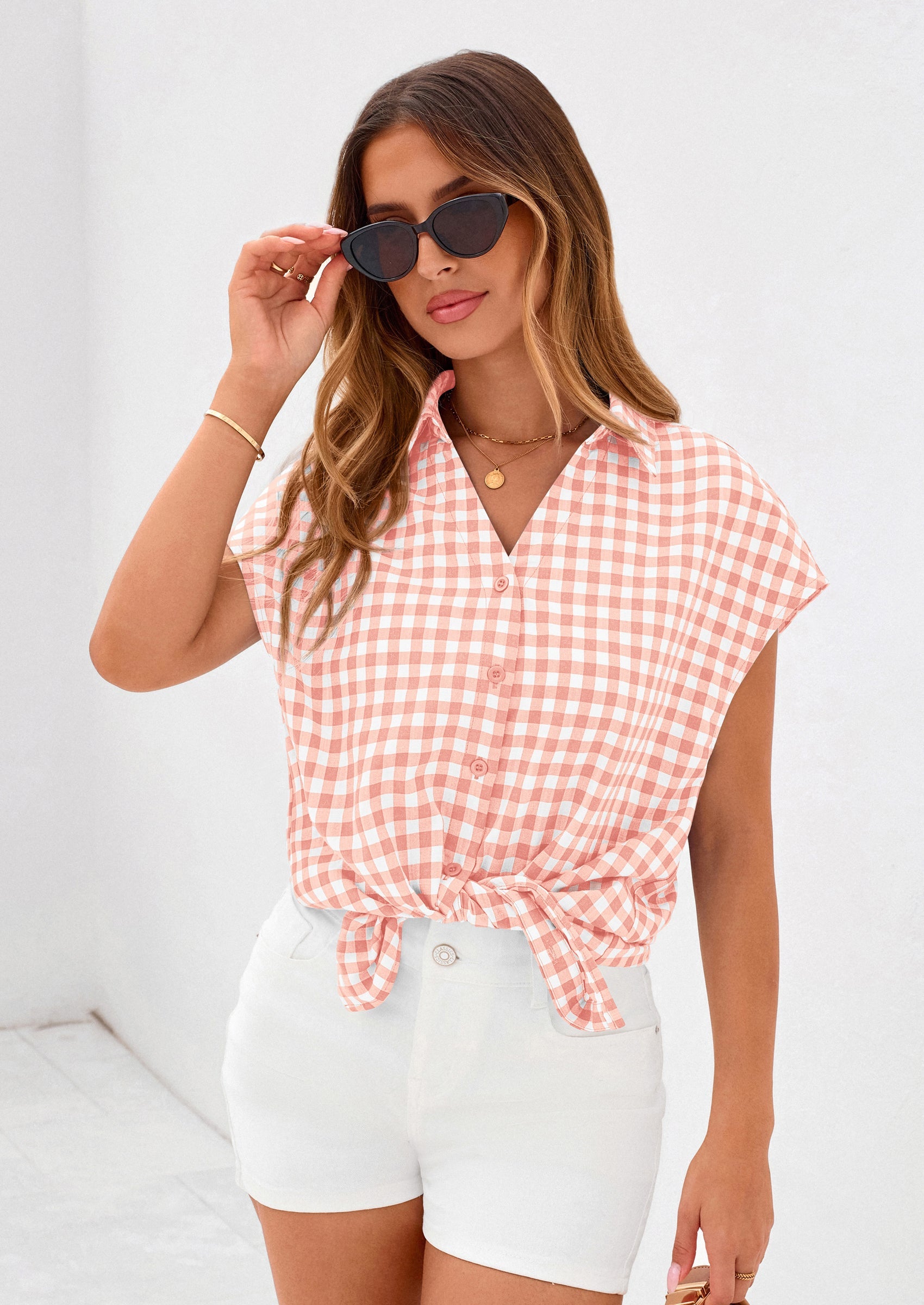 PRETTYGARDEN Womens Button Dwon Shirts V Neck Short Cap Sleeve Collared Plaid Tops Summer Spring Casual Blouses Clothes PRETTYGARDEN