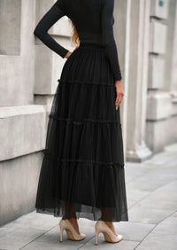 PRETTYGARDEN Maxi Skirts for Women Fall Tulle High Waisted Ruffle Flowy A-Line Long Skirt Country Concert Outfits