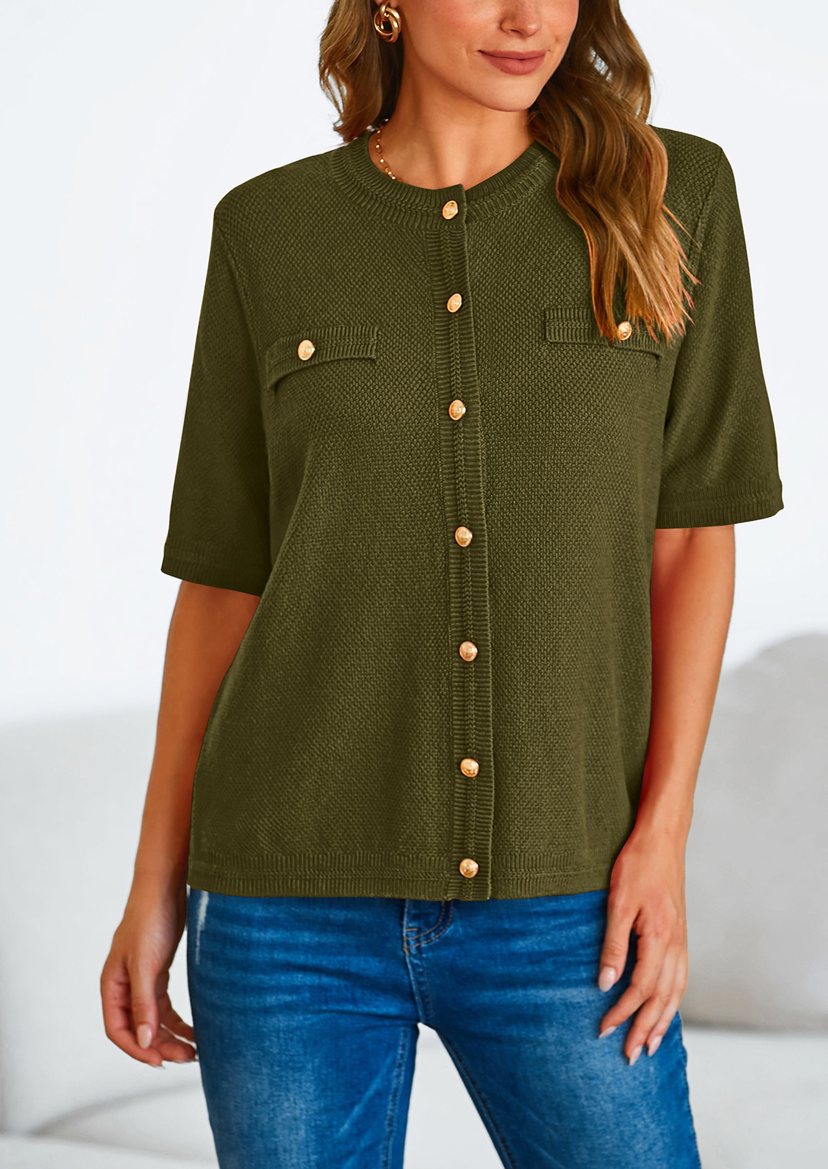 PRETTYGARDEN Women's Summer Button Down Shirts Casual Short Sleeve Crew Neck Ribbed Knit Blouse Top Cardigans