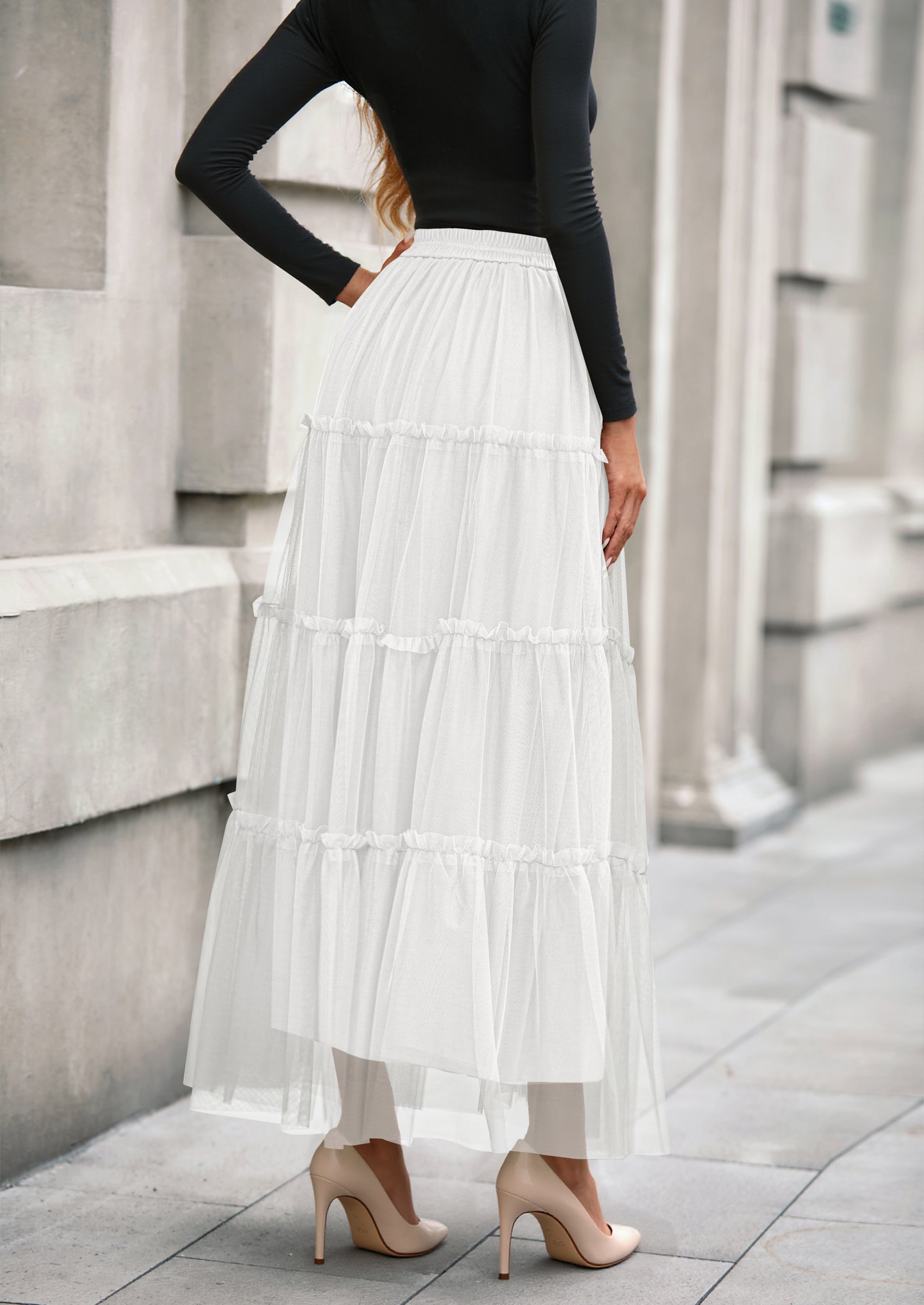 PRETTYGARDEN Maxi Skirts for Women Fall Tulle High Waisted Ruffle Flowy A-Line Long Skirt Country Concert Outfits