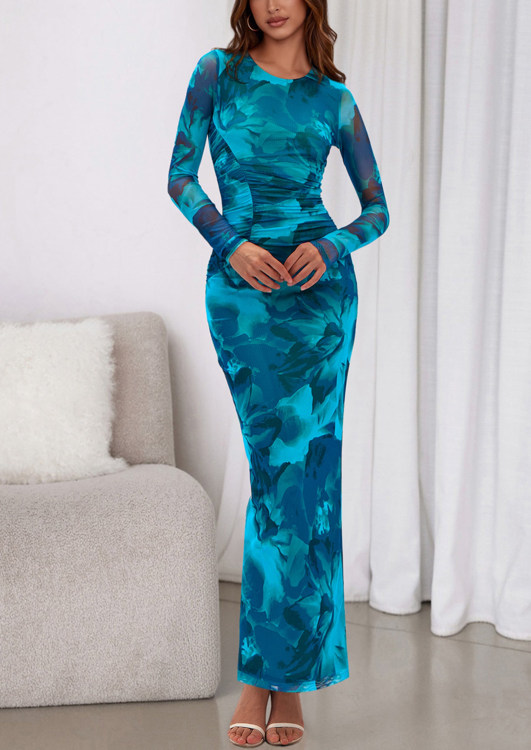 PRETTYGARDEN Women's Fall Wedding Guest Dresses Long Sleeve Fitted Ruched Slit Bodycon Mesh Floral Party Maxi Dress