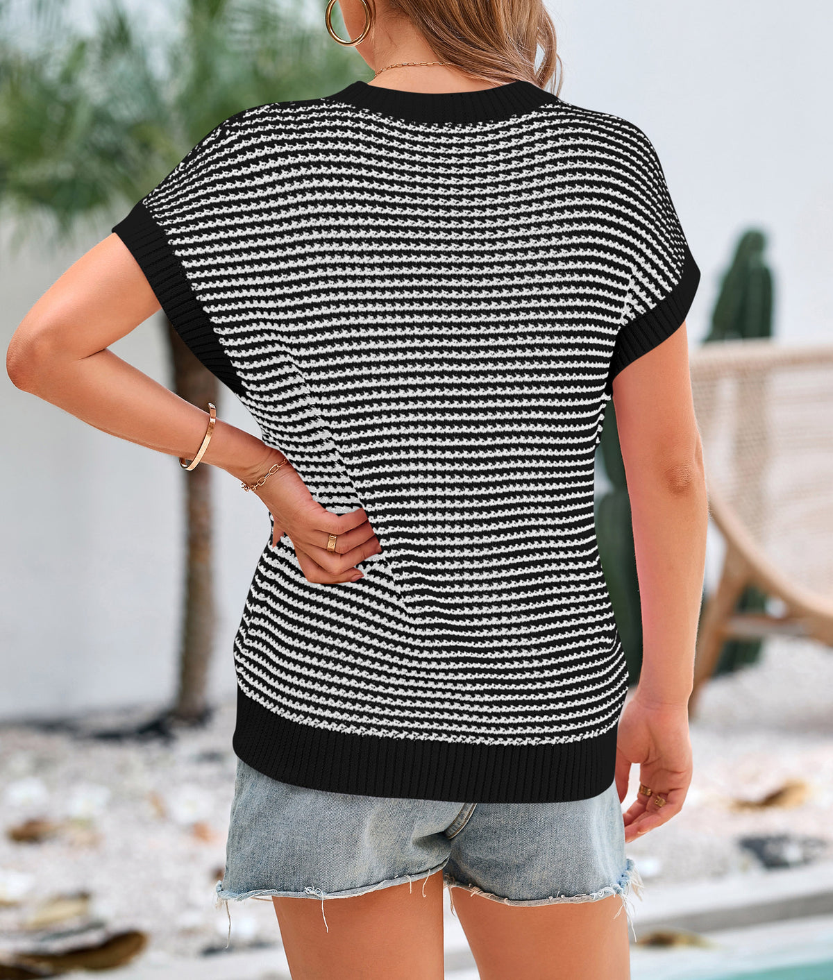 Women's Short Sleeve Spring Summer 2025 Round Neck Striped Pullover Cap Sleeve Knit T-shirt