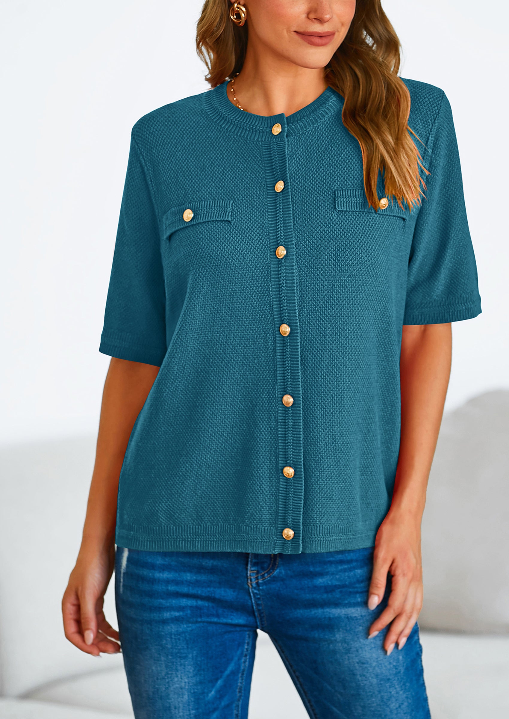 PRETTYGARDEN Women's Summer Button Down Shirts Casual Short Sleeve Crew Neck Ribbed Knit Blouse Top Cardigans