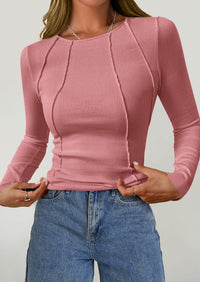 KIRUNDO Ribbed Long Sleeve Tops for Women Stretch Slim Basic Crop Tee Exposed Seams Spring Fall Fashion Trendy Tshirt