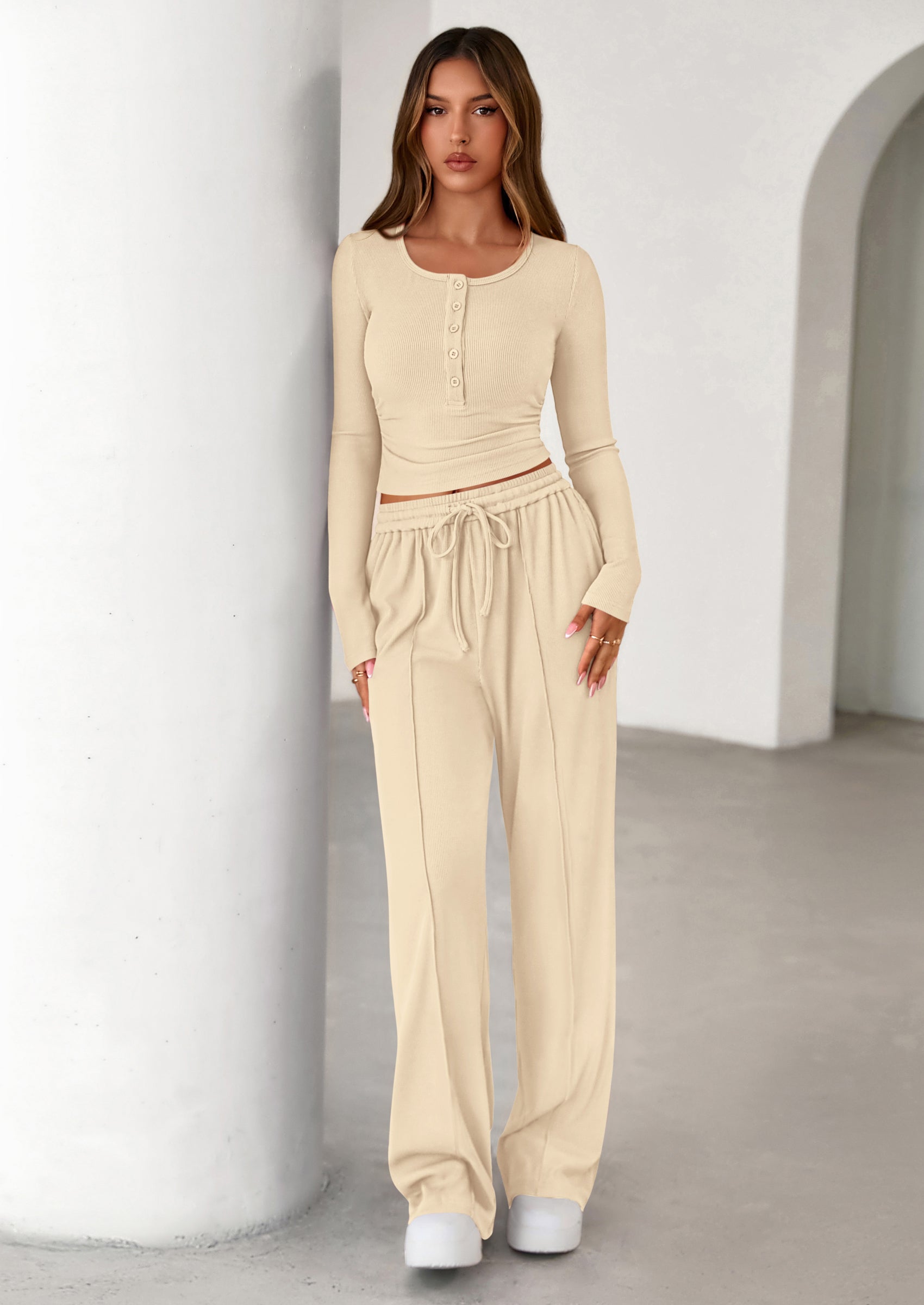 PRETTYGARDEN Women's Fall Trendy 2 Piece Outfits Lounge Sets Long Sleeve Top Henley Shirts Wide Leg Pants Travel Clothes