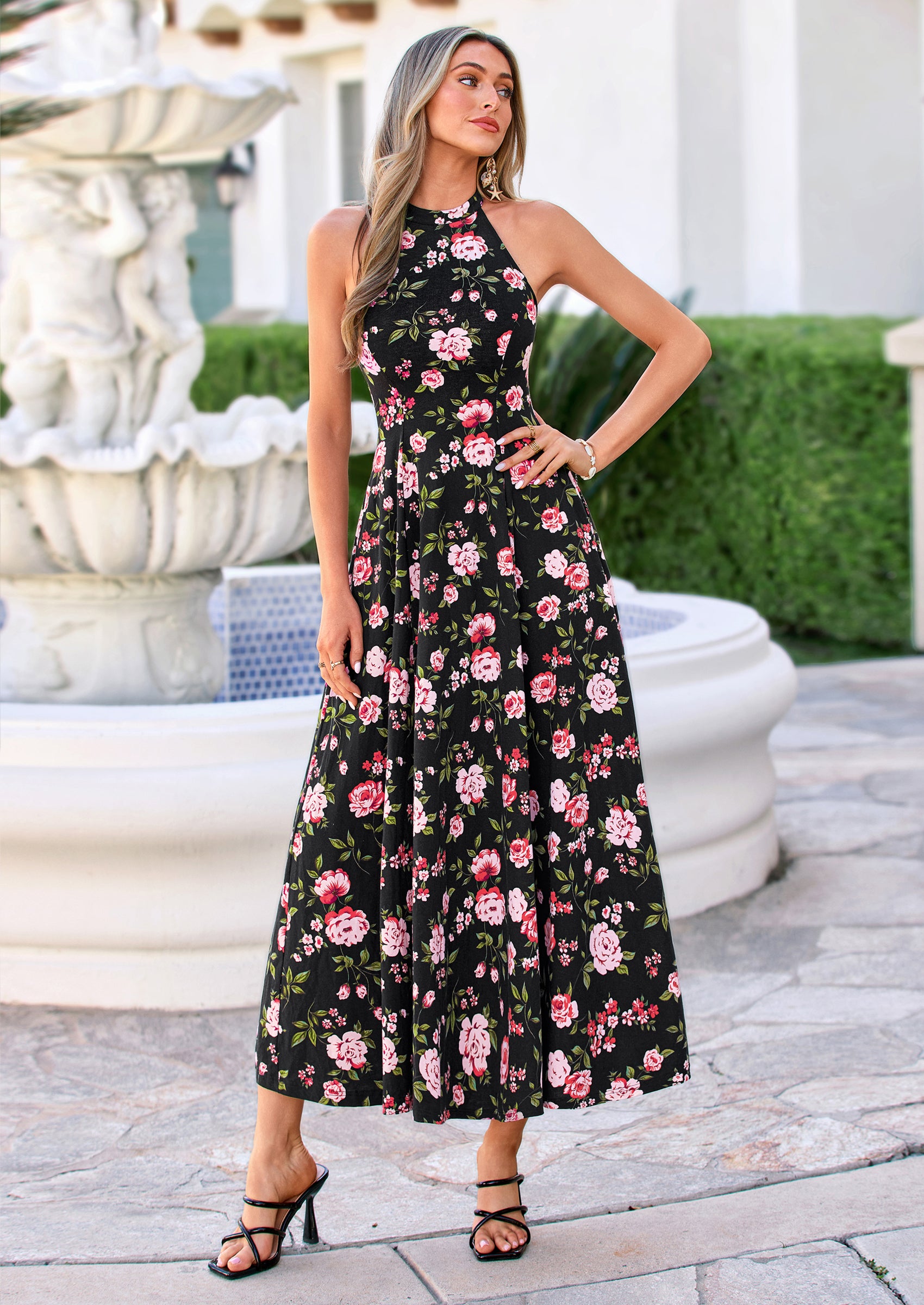 PRETTYGARDEN Summer Halter Dresses for Women Vacation Outfits Sleeveless Polka Dot Sundress Wedding Guest Maxi Dress