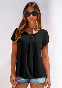 PRETTYGARDEN Summer Tops for Women Short Sleeve Crew Neck Pleated T Shirts Dressy Casual Blouses Spring Fashion Clothes PRETTYGARDEN