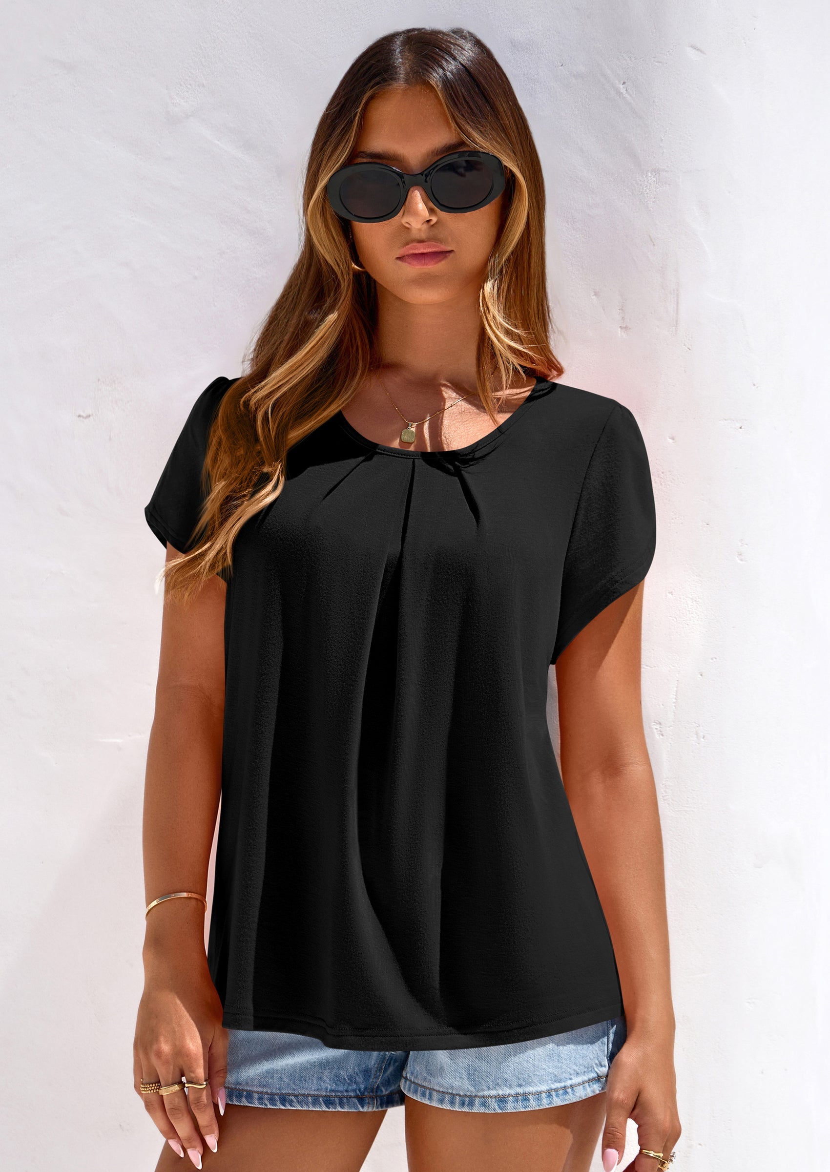 PRETTYGARDEN Summer Tops for Women Short Sleeve Crew Neck Pleated T Shirts Dressy Casual Blouses Spring Fashion Clothes PRETTYGARDEN