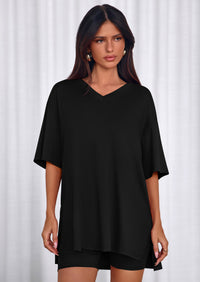 PRETTYGARDEN 2 Piece Sets for Women Summer Lounge Short Set Spring Matching Biker Shorts V Neck Oversized Shirt Clothing PRETTYGARDEN