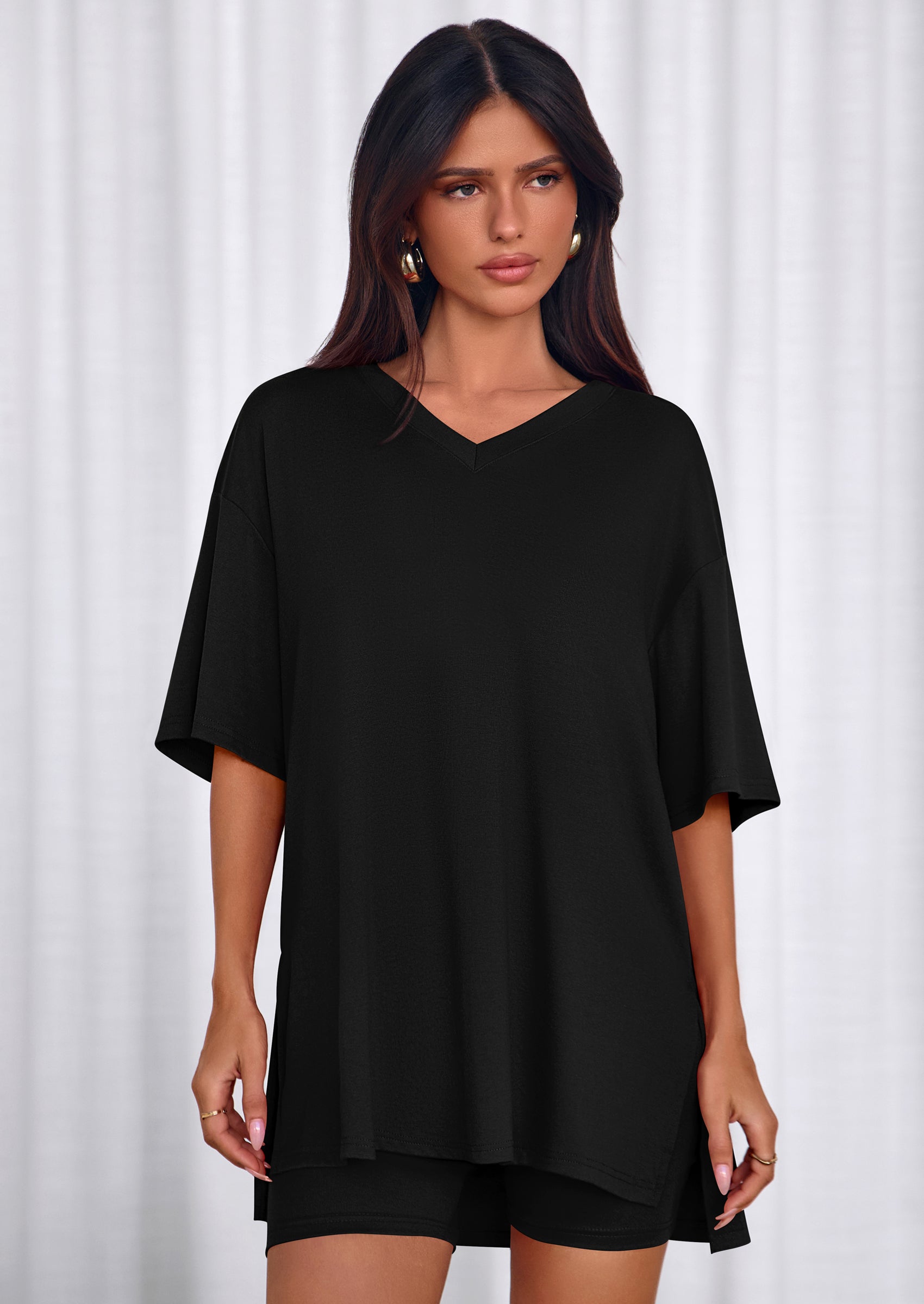 PRETTYGARDEN 2 Piece Sets for Women Summer Lounge Short Set Spring Matching Biker Shorts V Neck Oversized Shirt Clothing PRETTYGARDEN