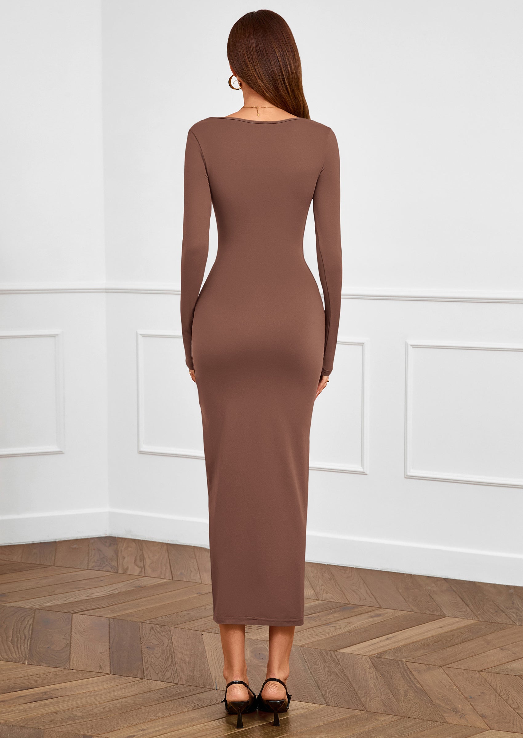 PRETTYGARDEN Women's Fall Wedding Guest Cocktail Midi Dresses Elegant Long Sleeve Bodycon Ruched Dress Fashion Clothing