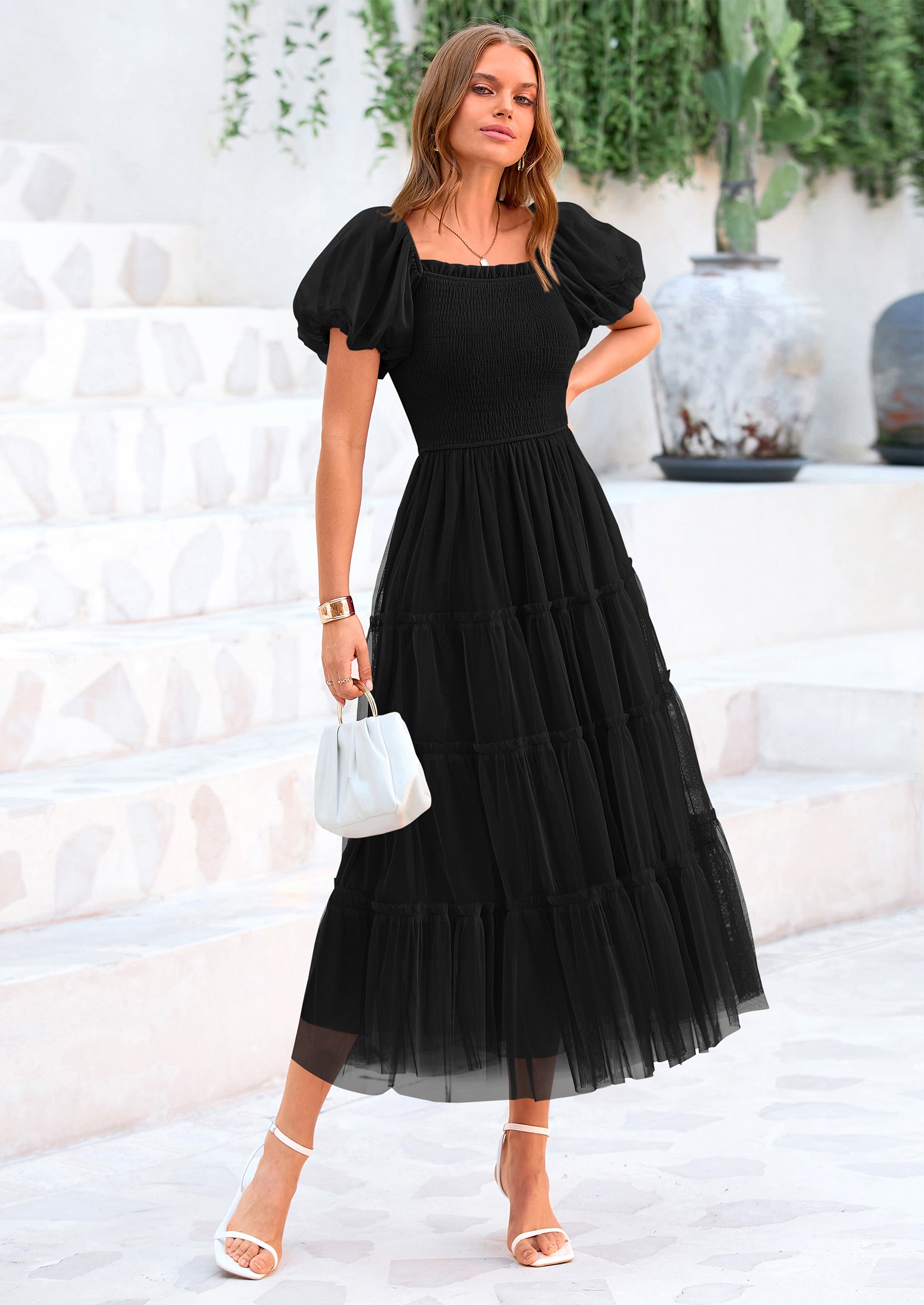 PRETTYGARDEN Women's Smocked Tulle Midi Dress Square Neck Puffy Short Sleeve Ruffle Wedding Guest Party Dresses