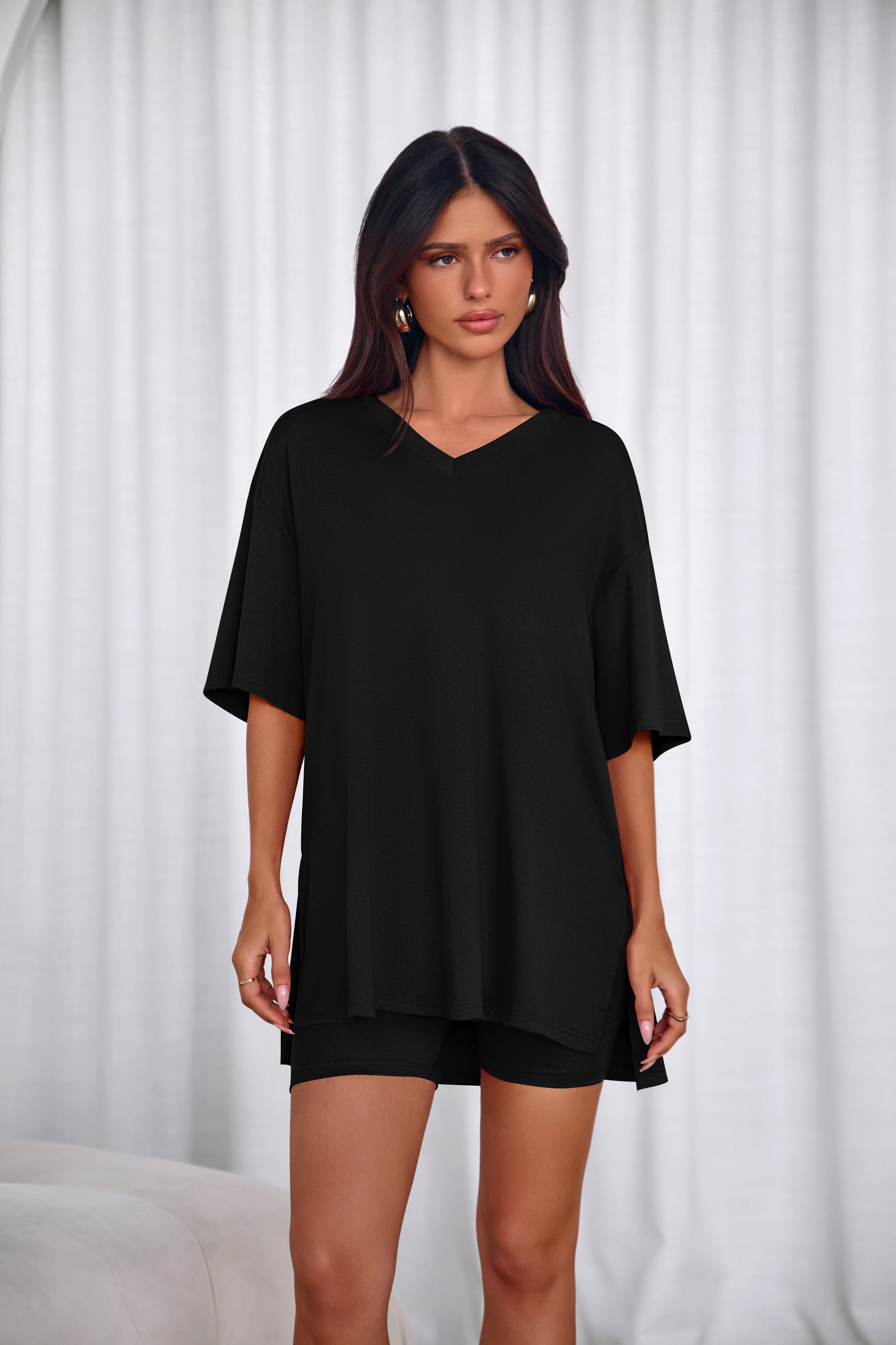 PRETTYGARDEN 2 Piece Sets for Women Summer Lounge Short Set Spring Matching Biker Shorts V Neck Oversized Shirt Clothing PRETTYGARDEN