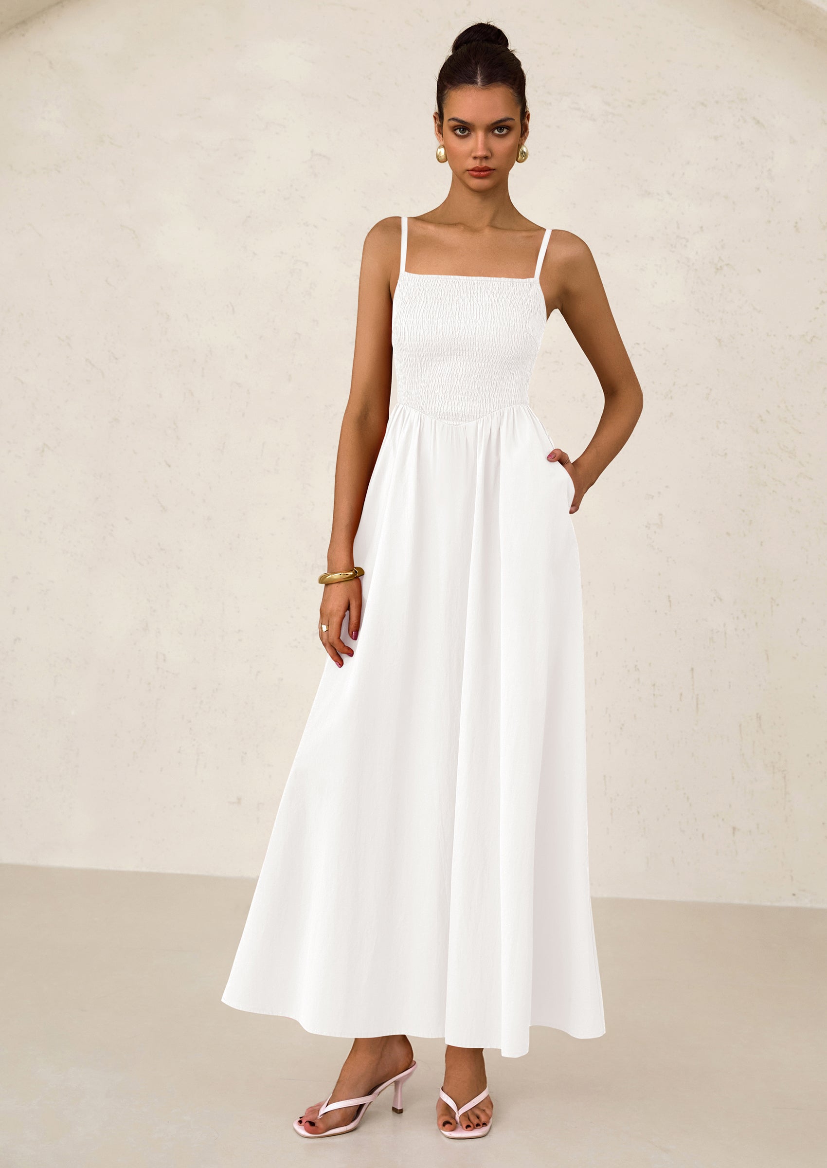 PRETTYGARDEN Women's Smocked Maxi Dresses Beach Sundress Casual Spaghetti Strap Swing A Line Long Flowy Dress