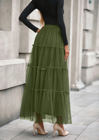 PRETTYGARDEN Maxi Skirts for Women Fall Tulle High Waisted Ruffle Flowy A-Line Long Skirt Country Concert Outfits