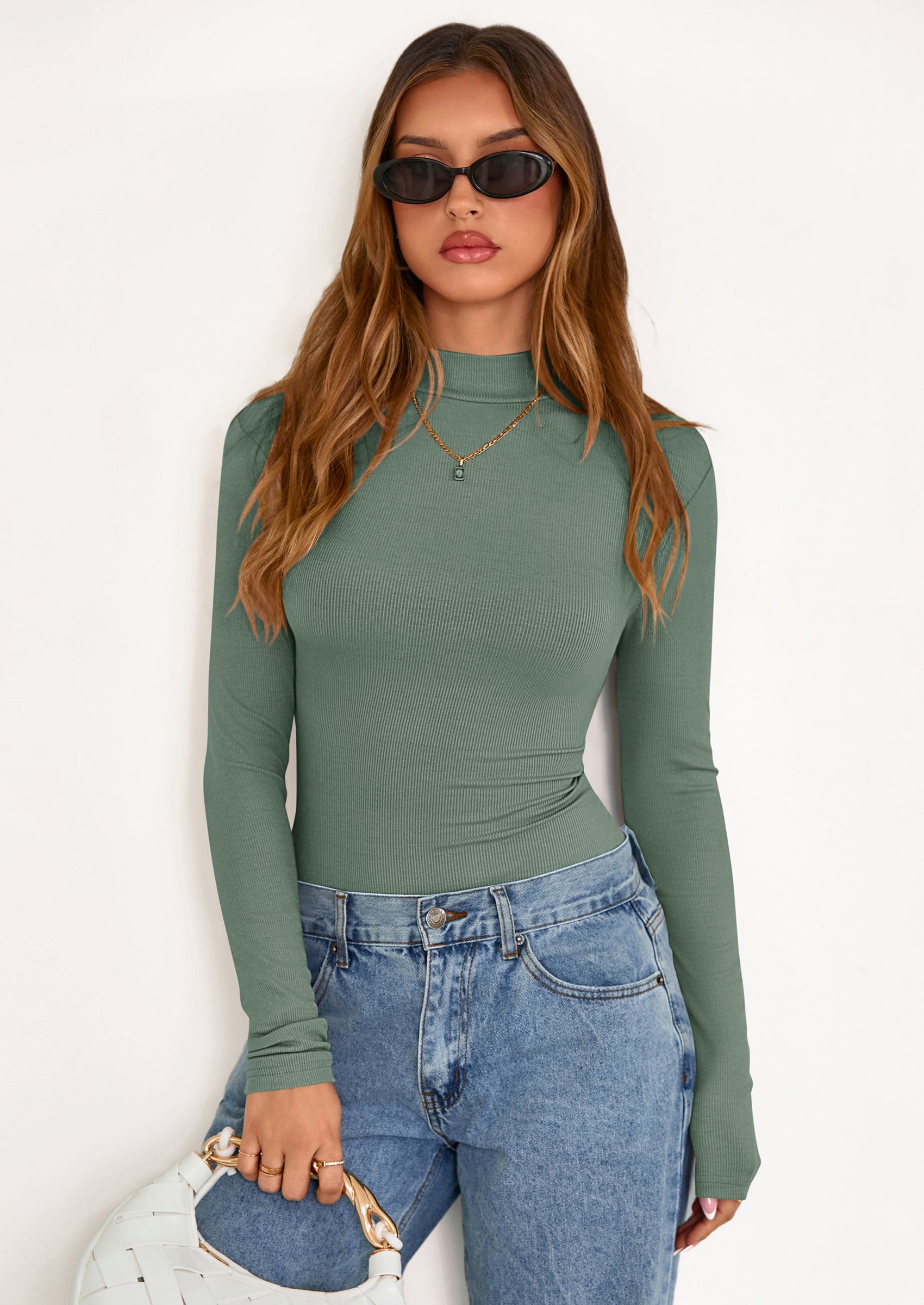 PRETTYGARDEN Women's Turtleneck Long Sleeve Shirts Fall Basic Tees Ribbed Fitted Tops Thermal Layering Knit Top Clothes