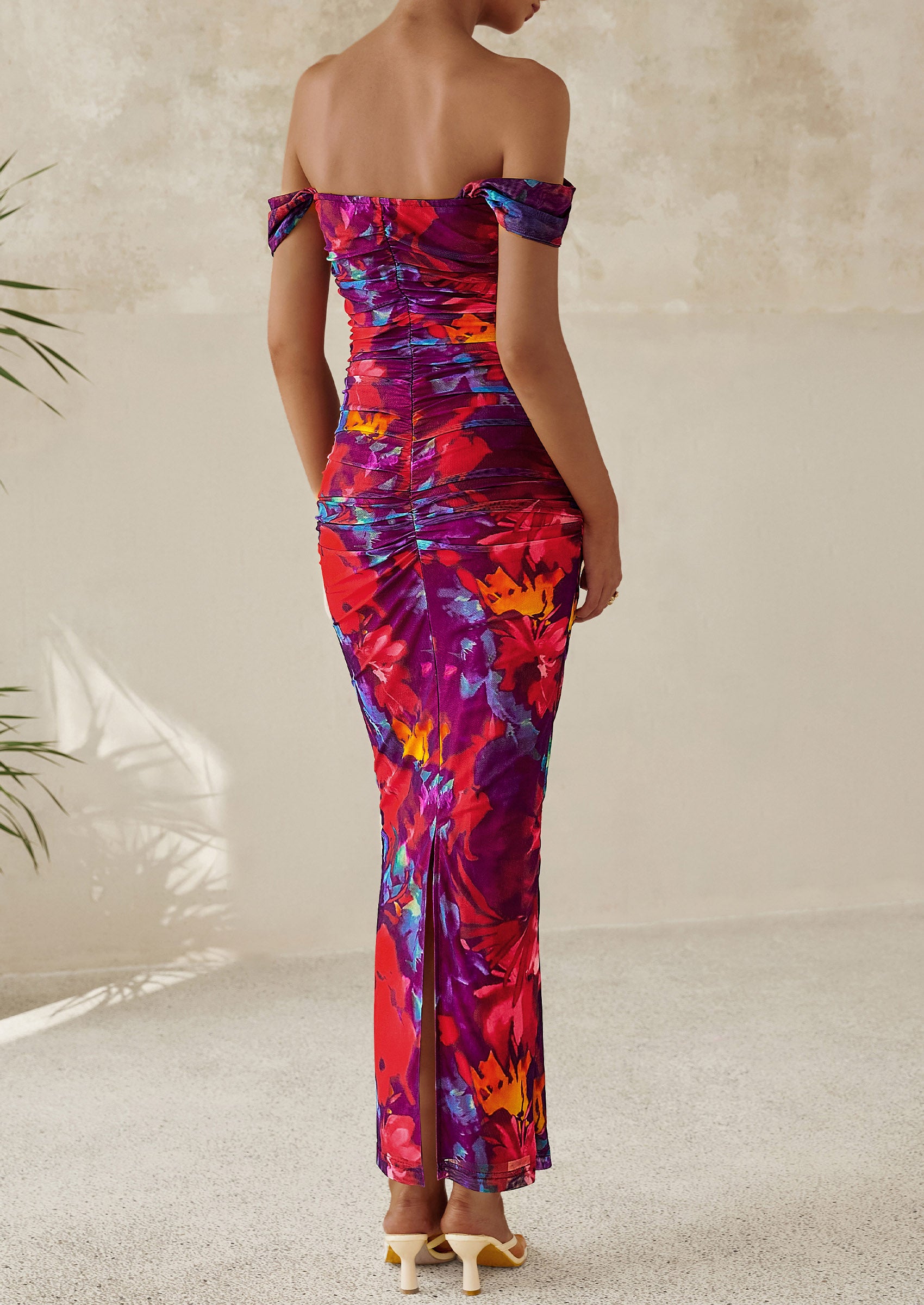 PRETTYGARDEN Maxi Dresses for Women Summer Elegant Floral Off Shoulder Ruched Mesh Cocktail Wedding Guest Dress