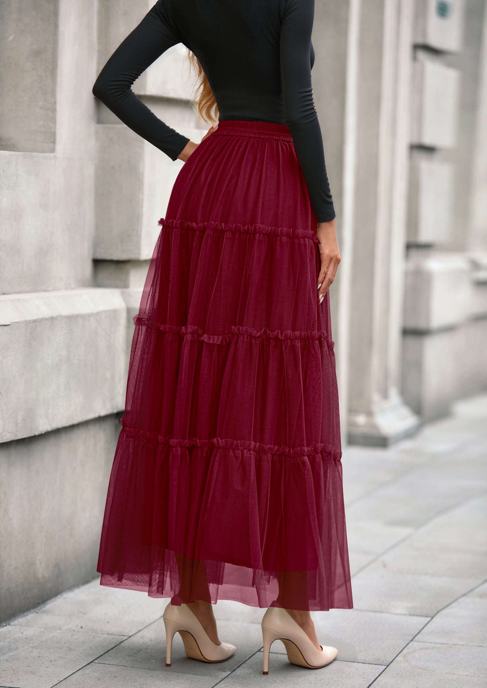PRETTYGARDEN Maxi Skirts for Women Fall Tulle High Waisted Ruffle Flowy A-Line Long Skirt Country Concert Outfits
