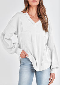 BTFBM Women's Ribbed Long Sleeve Tops Summer Spring Pullover Knit Casual V Neck Blouses Trendy Loose Fit Tunic Top