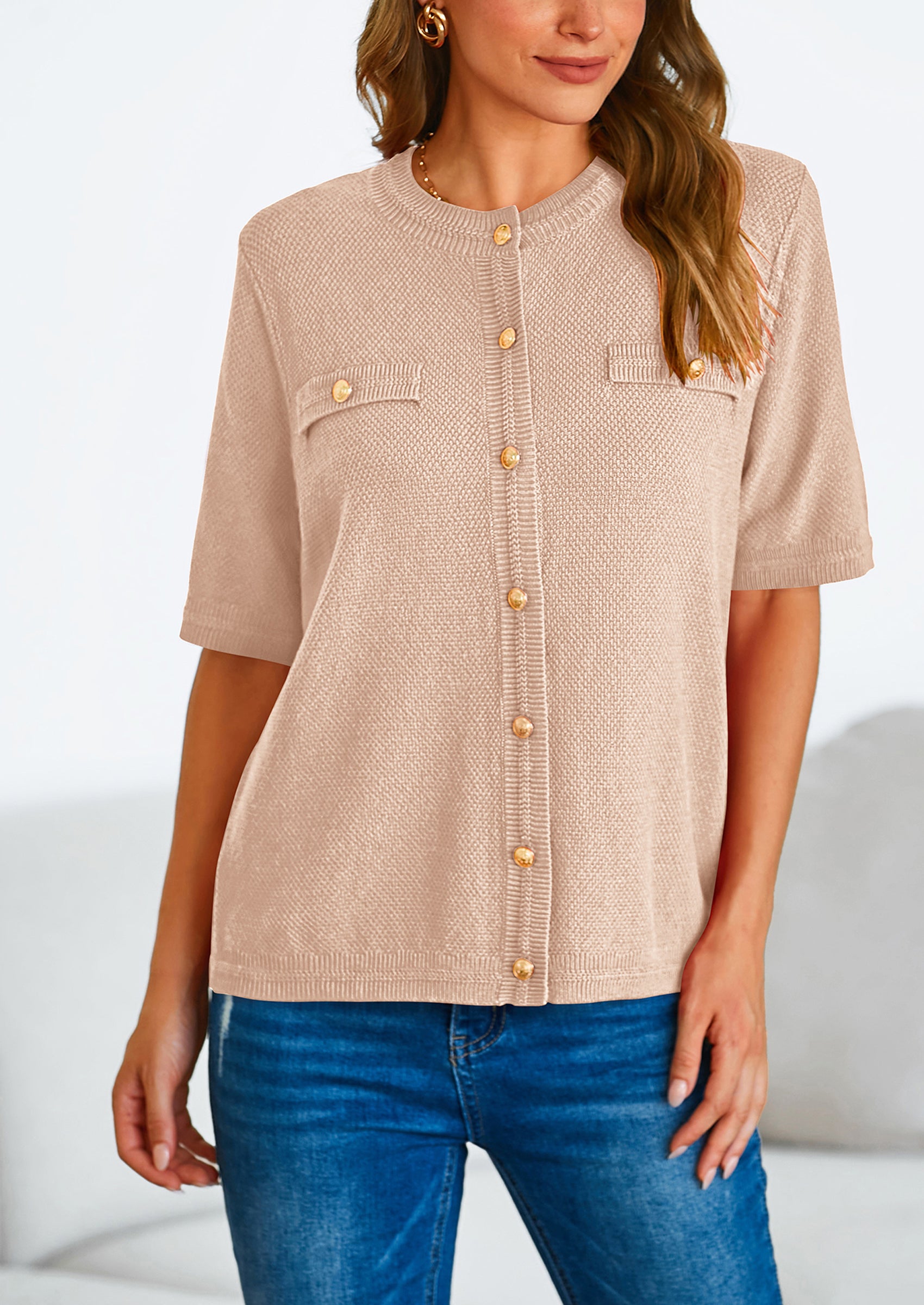 PRETTYGARDEN Women's Summer Button Down Shirts Casual Short Sleeve Crew Neck Ribbed Knit Blouse Top Cardigans