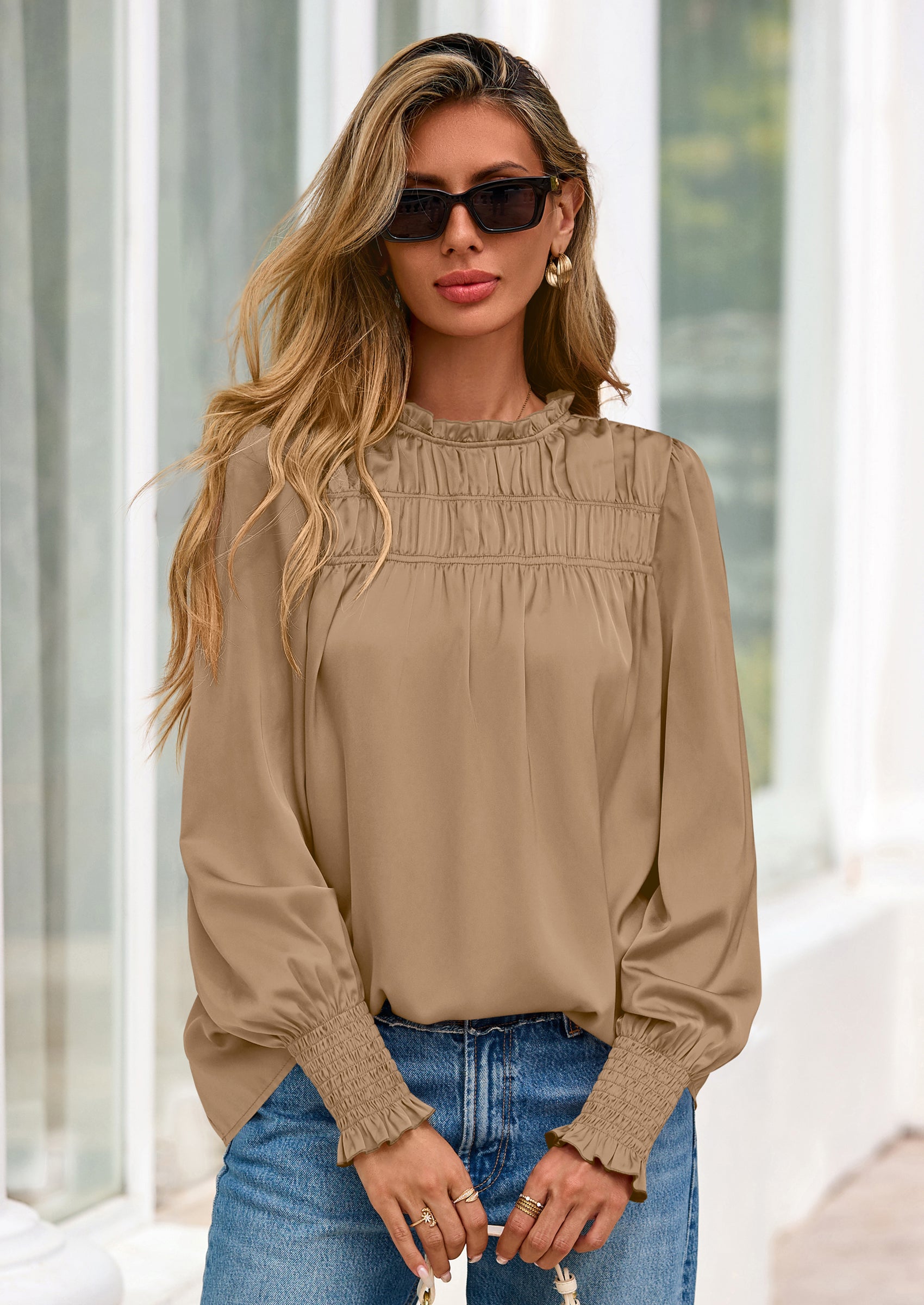 PRETTYGARDEN Blouses for Women Dressy Casual Fall Outfits Frill Neck Long Sleeve Shirts Satin Work Business Casual Tops