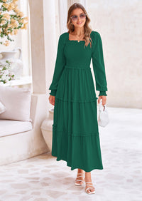 PRETTYGARDEN Fall Wedding Guest Dresses for Women Long Sleeve Square Neck Tiered A Line Modest Elegant Flowy Dresses