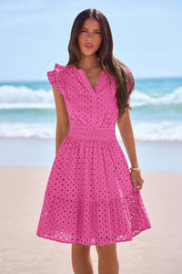 PRETTYGARDEN Women's Summer Sundresses Eyelet Cap Sleeve V Neck Short Boho Wedding Guest Dress Beach Vacation Clothes PRETTYGARDEN