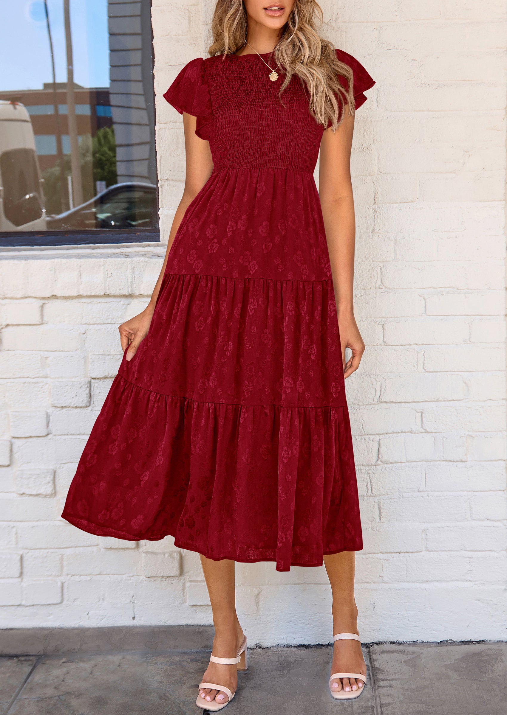 PRETTYGARDEN Midi Dress for Women Summer Floral Cap Sleeve Smocked Ruffle A Line Long Flowy Wedding Guest Dresses